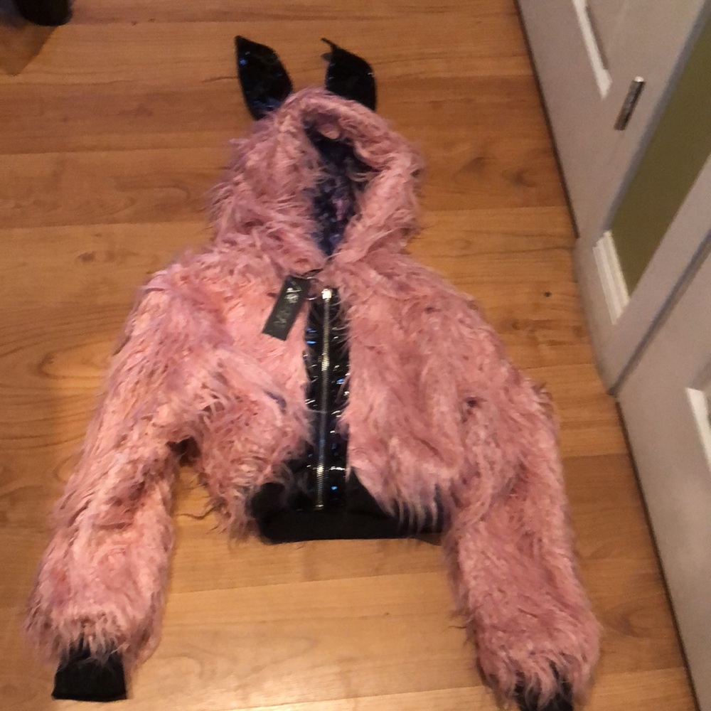 Dolls Kill pink black Bunny Ears M Nocturnal Critter Faux Fur Jacket coat nwt